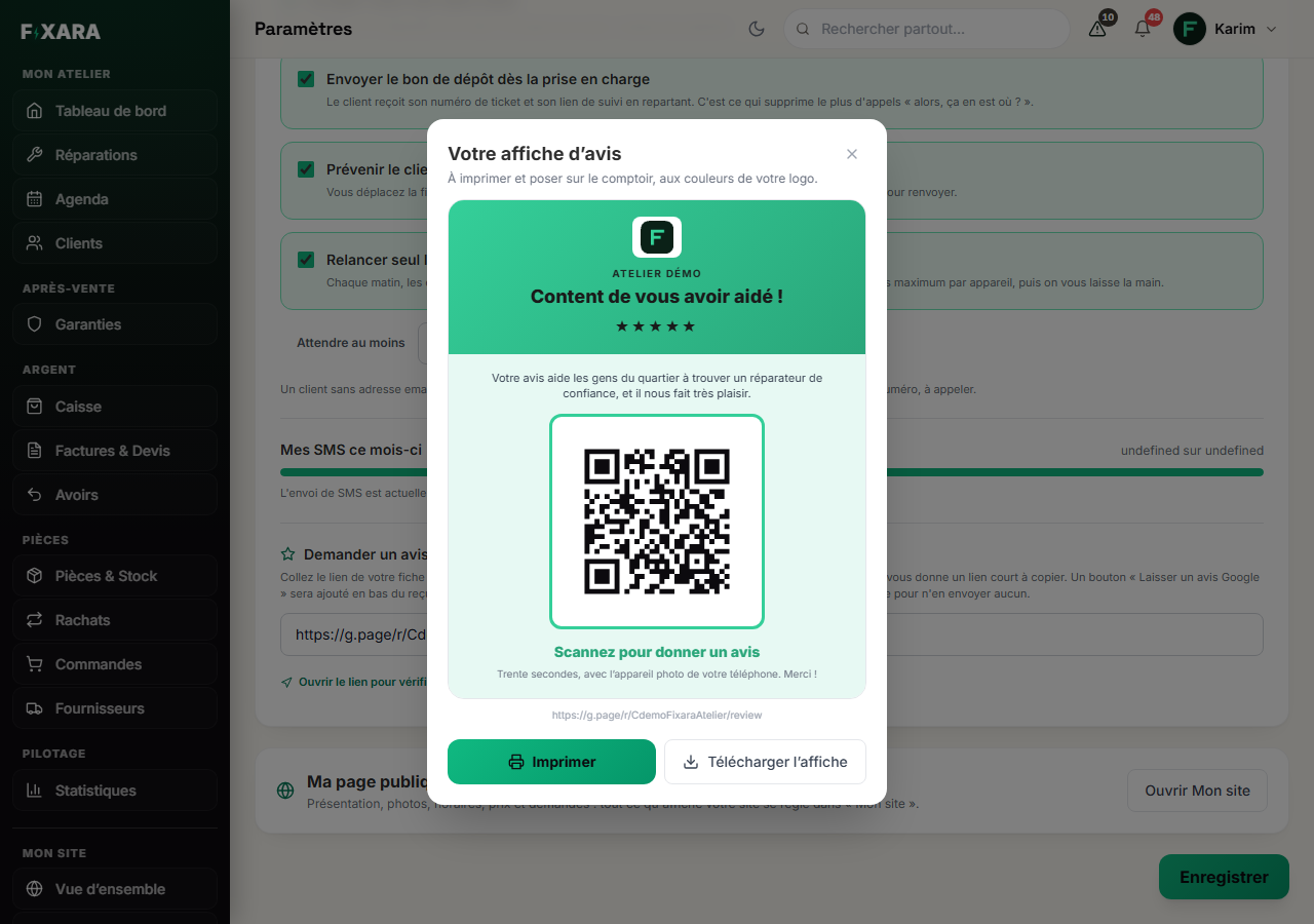 The Google review poster: the logo, the shop name, five stars, the QR code, and the Print and Download buttons