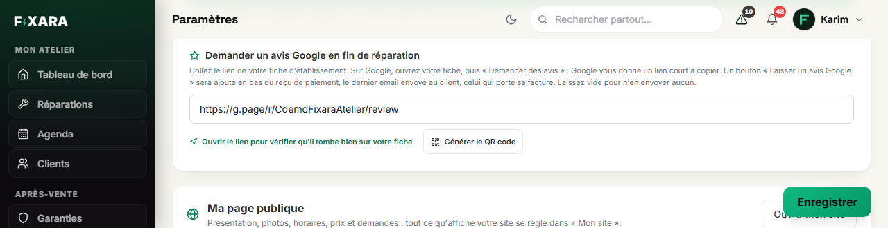 The Google review link field in the settings, the check link and the Generate QR code button