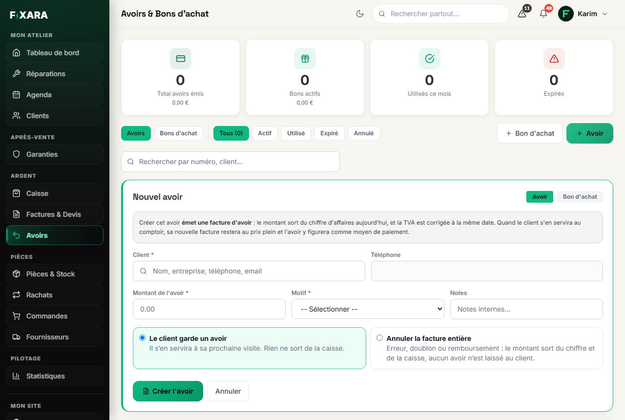 The New credit note form: the explanation, the customer, the amount, the reason, and the choice between keeping a credit and cancelling the whole invoice