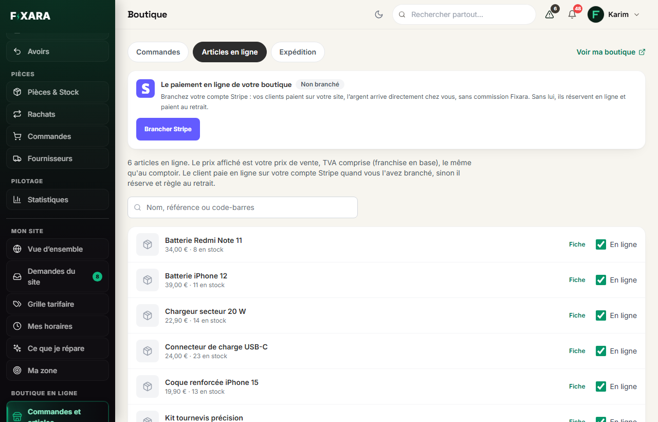 The Online shop screen, Items online tab: the Stripe payment block and the list of items with their Online box