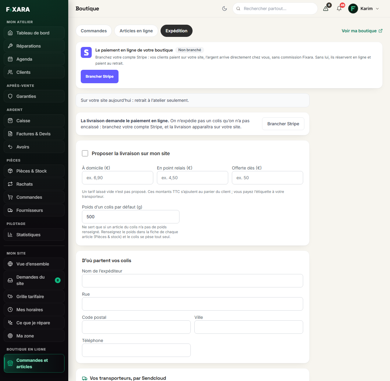 The Shipping tab: the delivery to offer, the home, pick-up point and free-from charges, the default weight, the departure address and Sendcloud