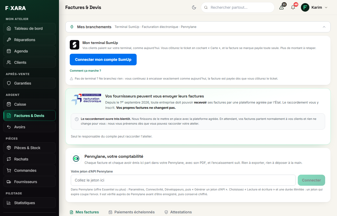 The My connections block unfolded: My SumUp terminal, e-invoicing, and Pennylane