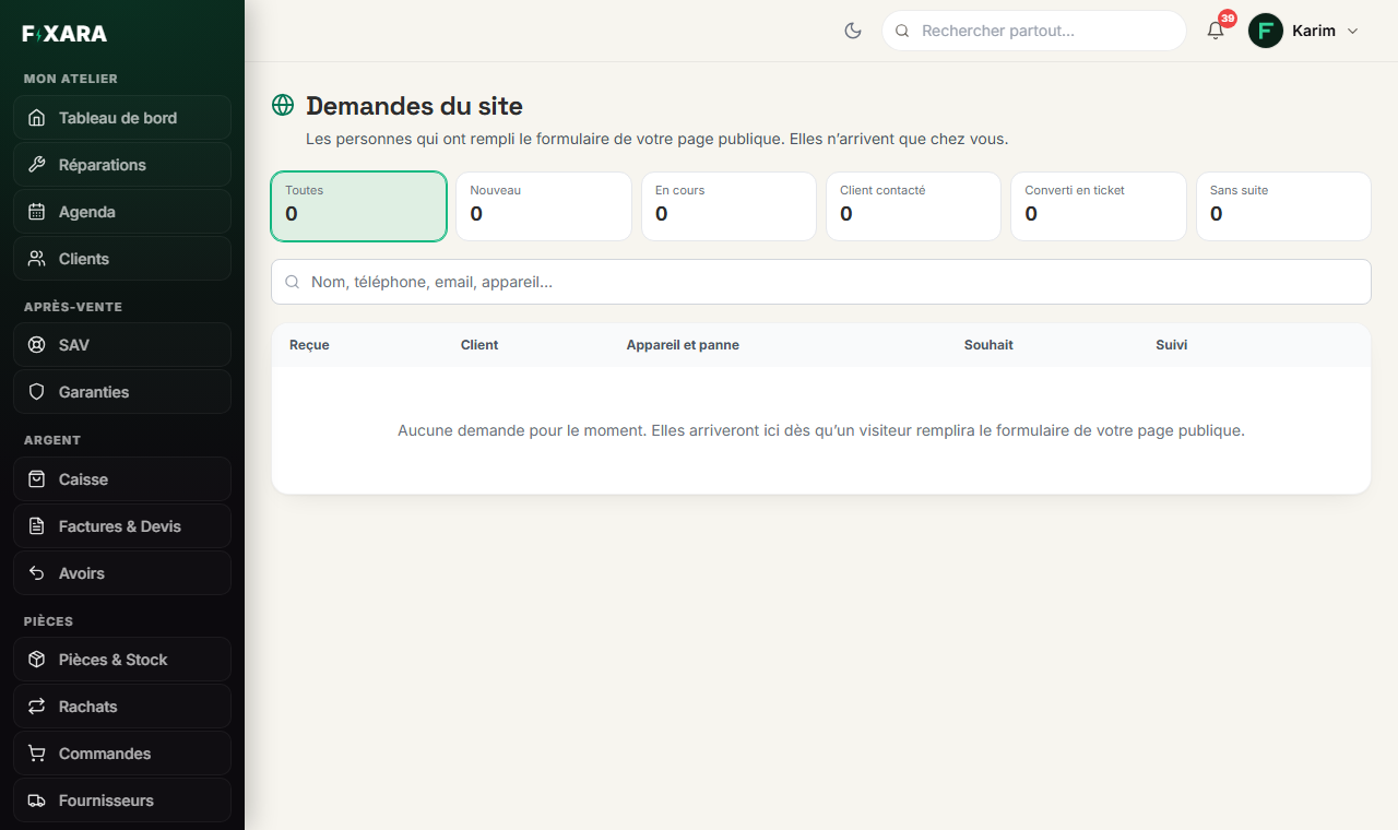 L’écran Demandes du site, avec les compteurs par statut