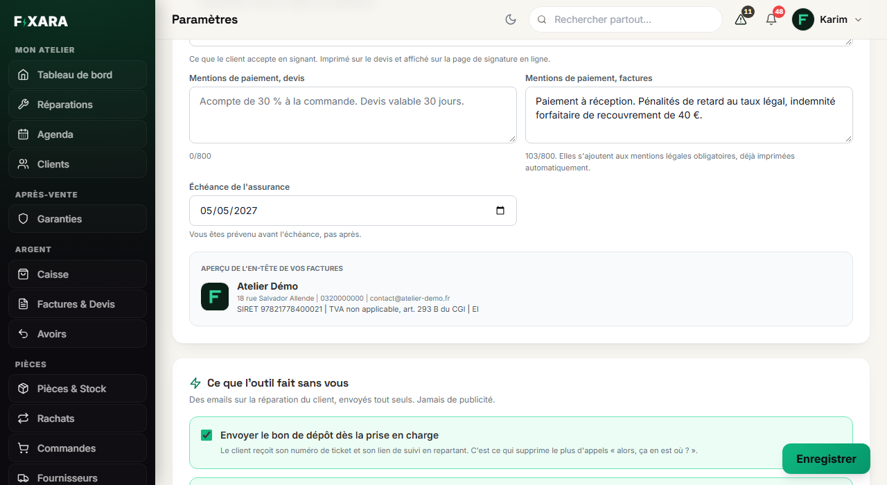 The payment mentions, the insurance expiry date and the invoice header preview