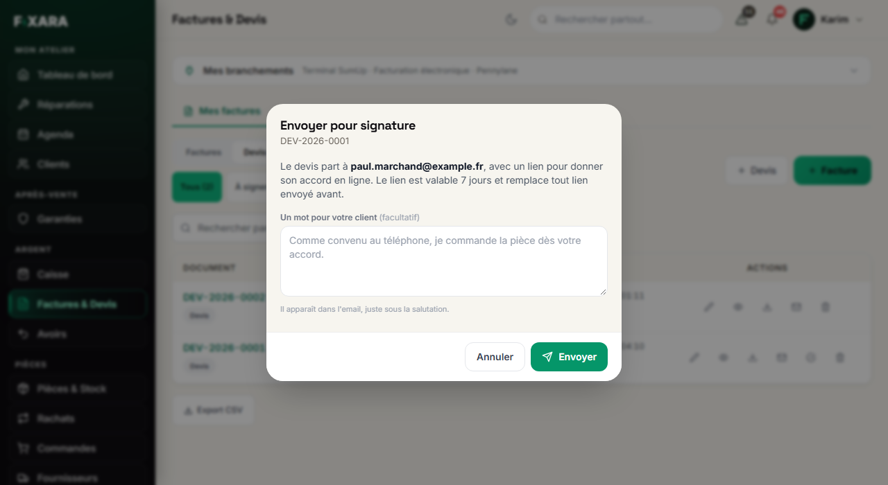 The Send for signature window, with the optional “A note for your customer” field