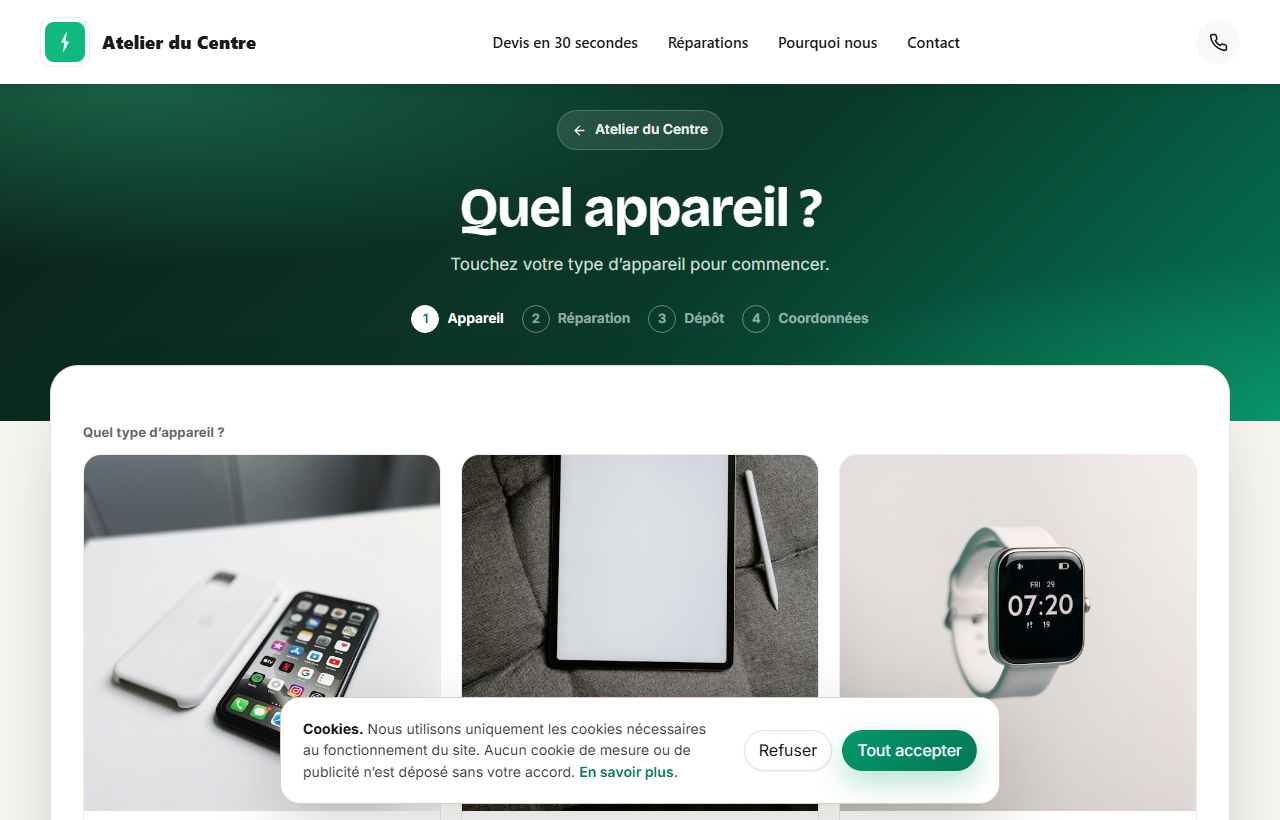 La page de devis publique d’un atelier : le choix de l’appareil en photos