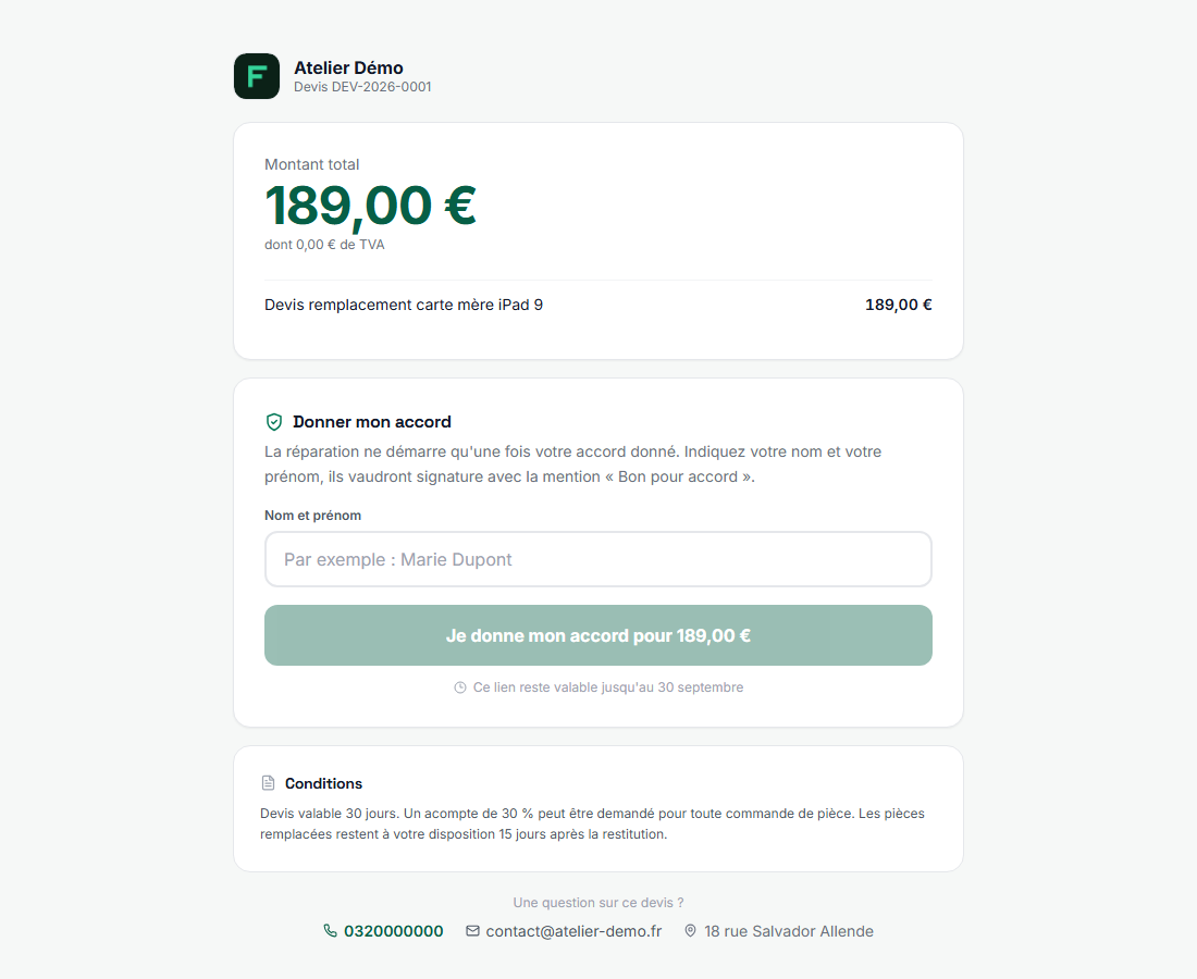 The public page for signing a quote: the amount, the details, the name field, the I agree button and the terms