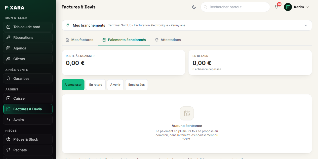 The Instalment payments tab: left to collect, overdue, and the instalment filters