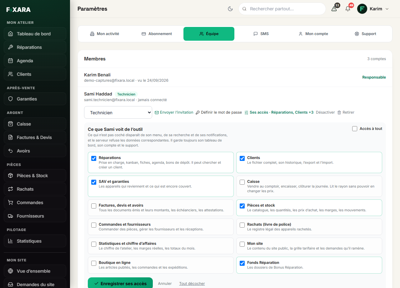 A member’s Their access panel: Access to everything, and twelve boxes, one per area of the software, with the Save their access button