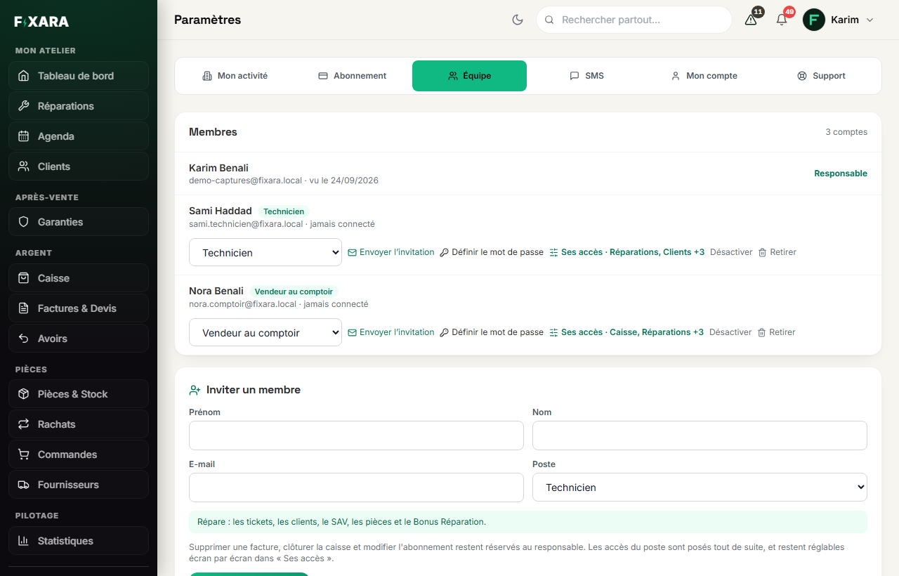 The Team tab in the settings: the list of members with their role and their actions, and the invitation form