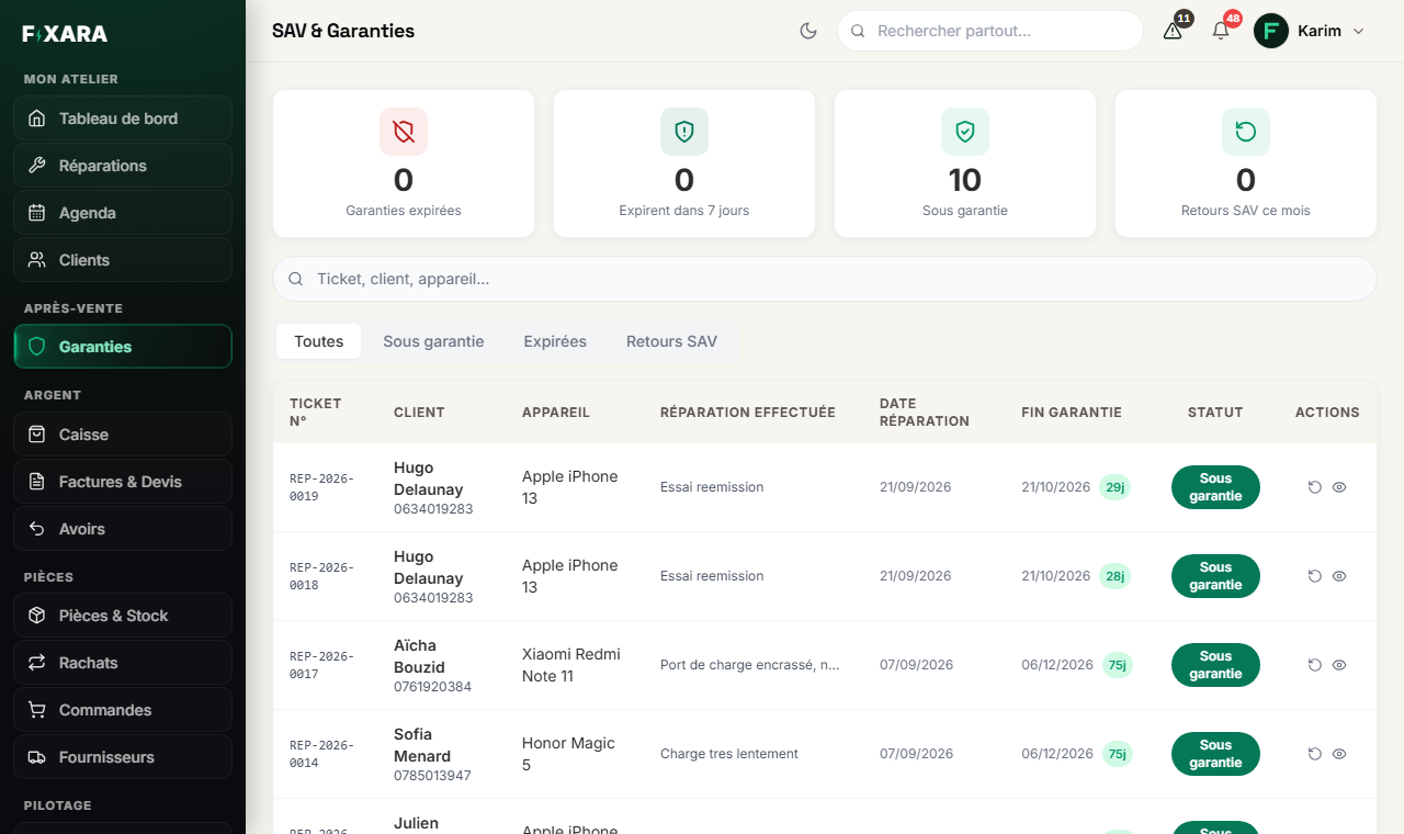 The After-sales and Warranties screen: four counters, the tabs, and the list of repairs with their warranty end date