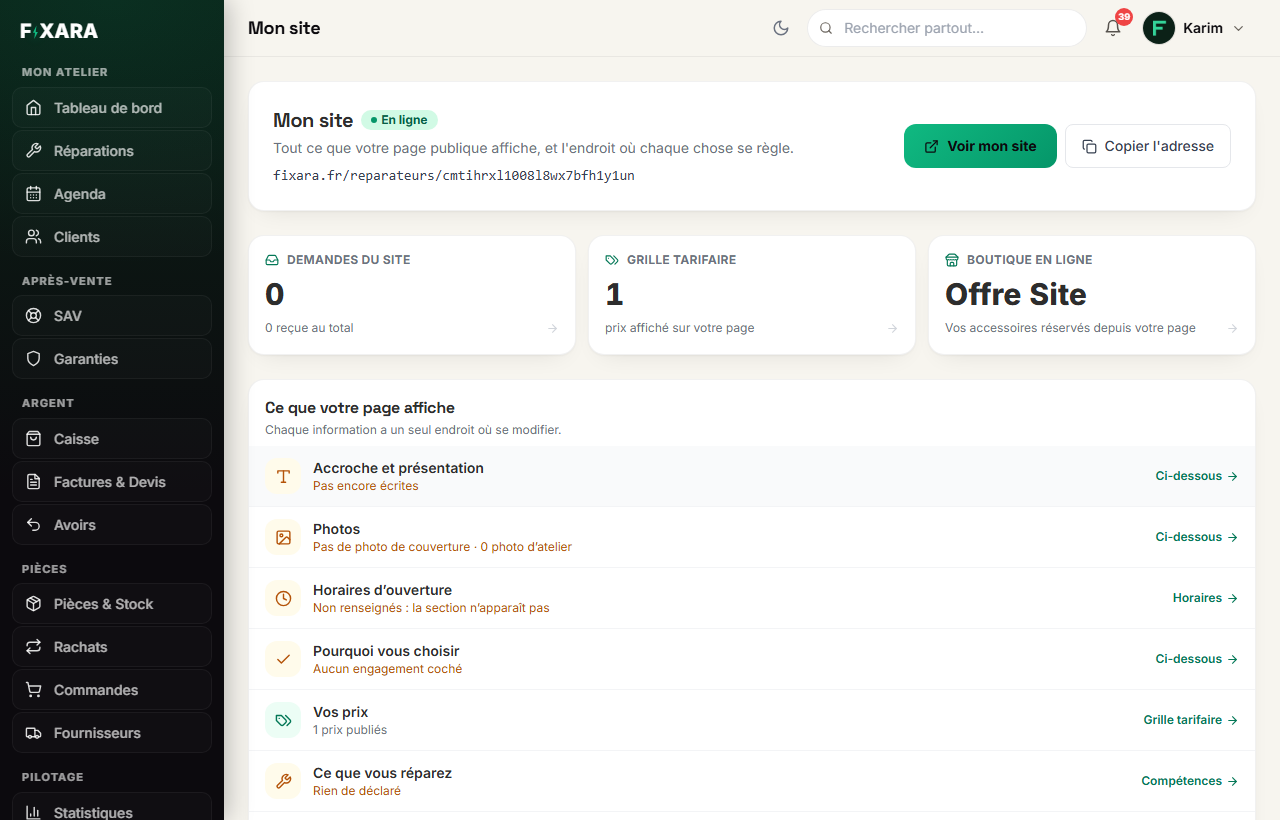 La vue d’ensemble « Mon site » : l’état en ligne, l’adresse, les compteurs