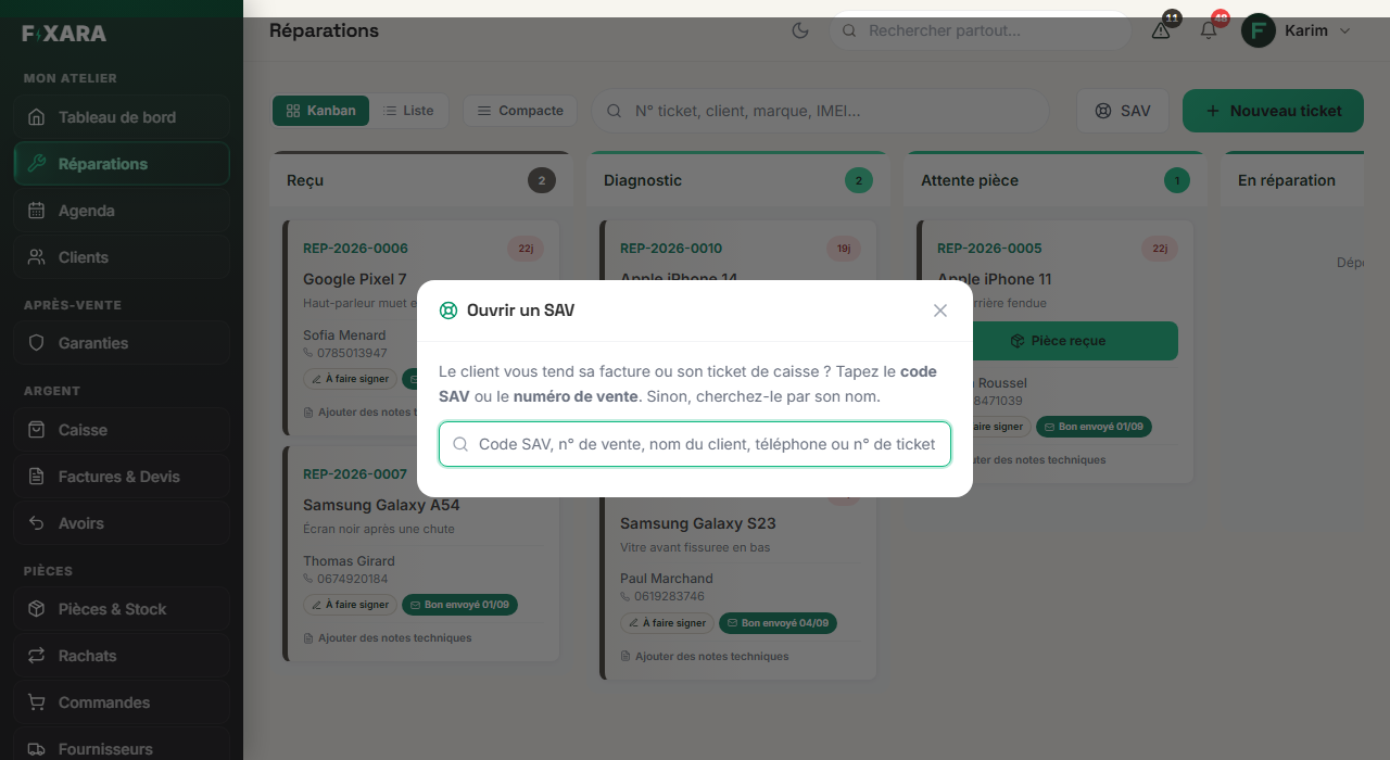 The Open an after-sales case window, with the search field by after-sales code, sale number, name, phone number or ticket number