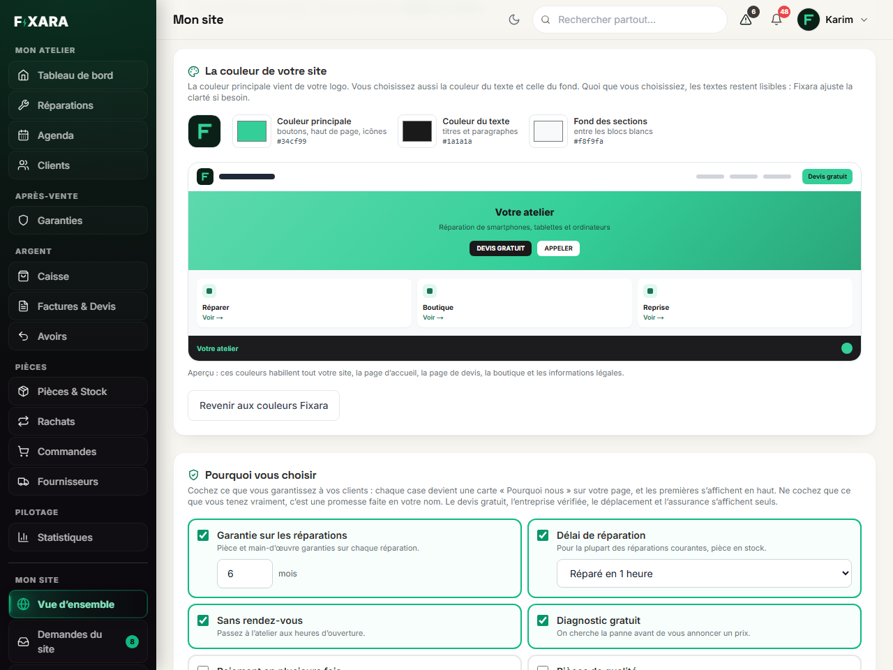 The website colour with its preview, then the commitments to tick in “Why choose you”