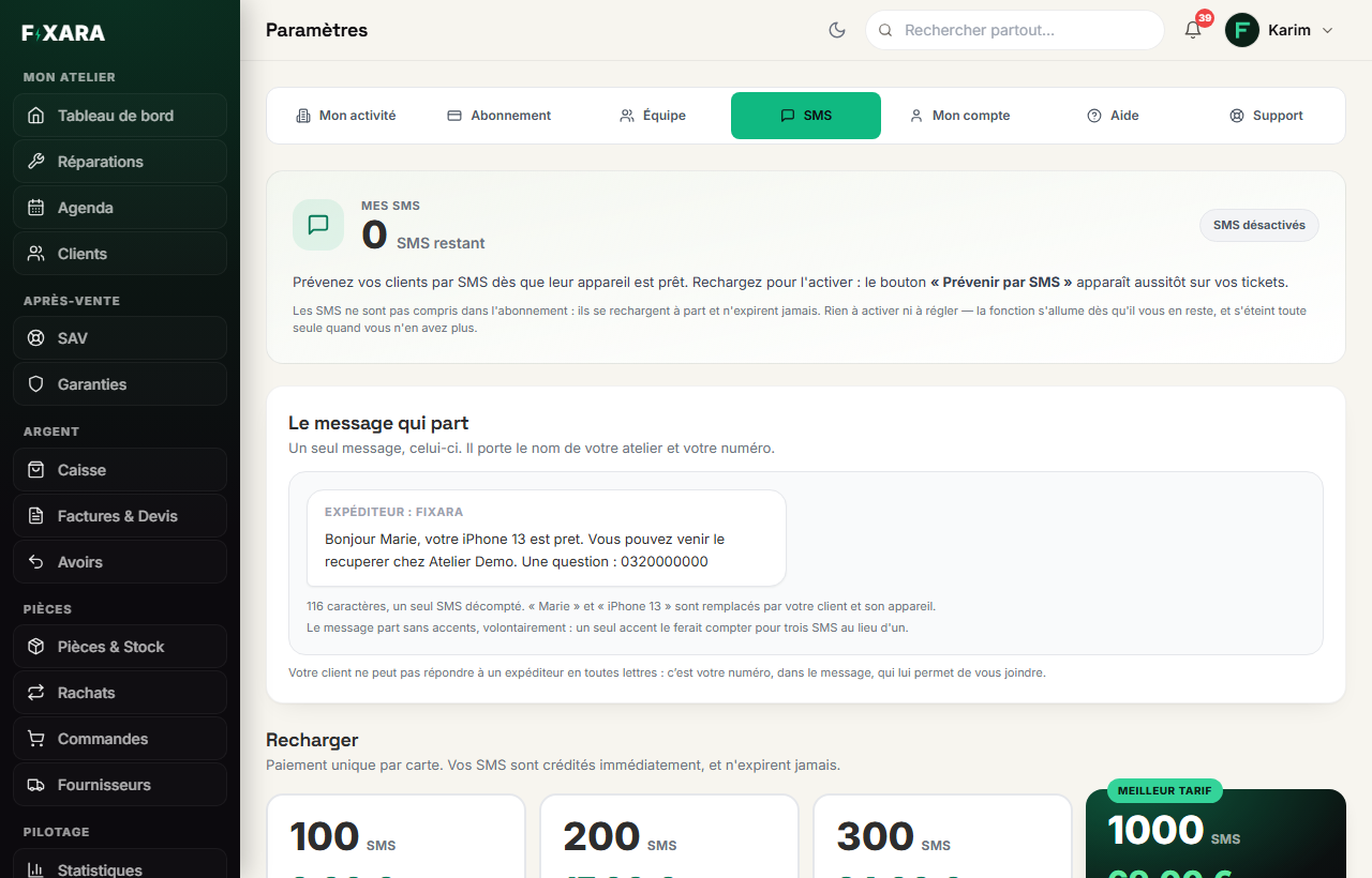 L’onglet SMS des réglages, avec le solde de crédits et les packs