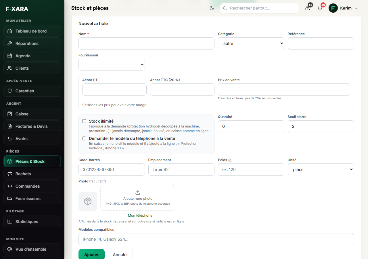 The New item form: name, category, purchase and selling prices, unlimited stock, quantity, threshold, barcode, photo