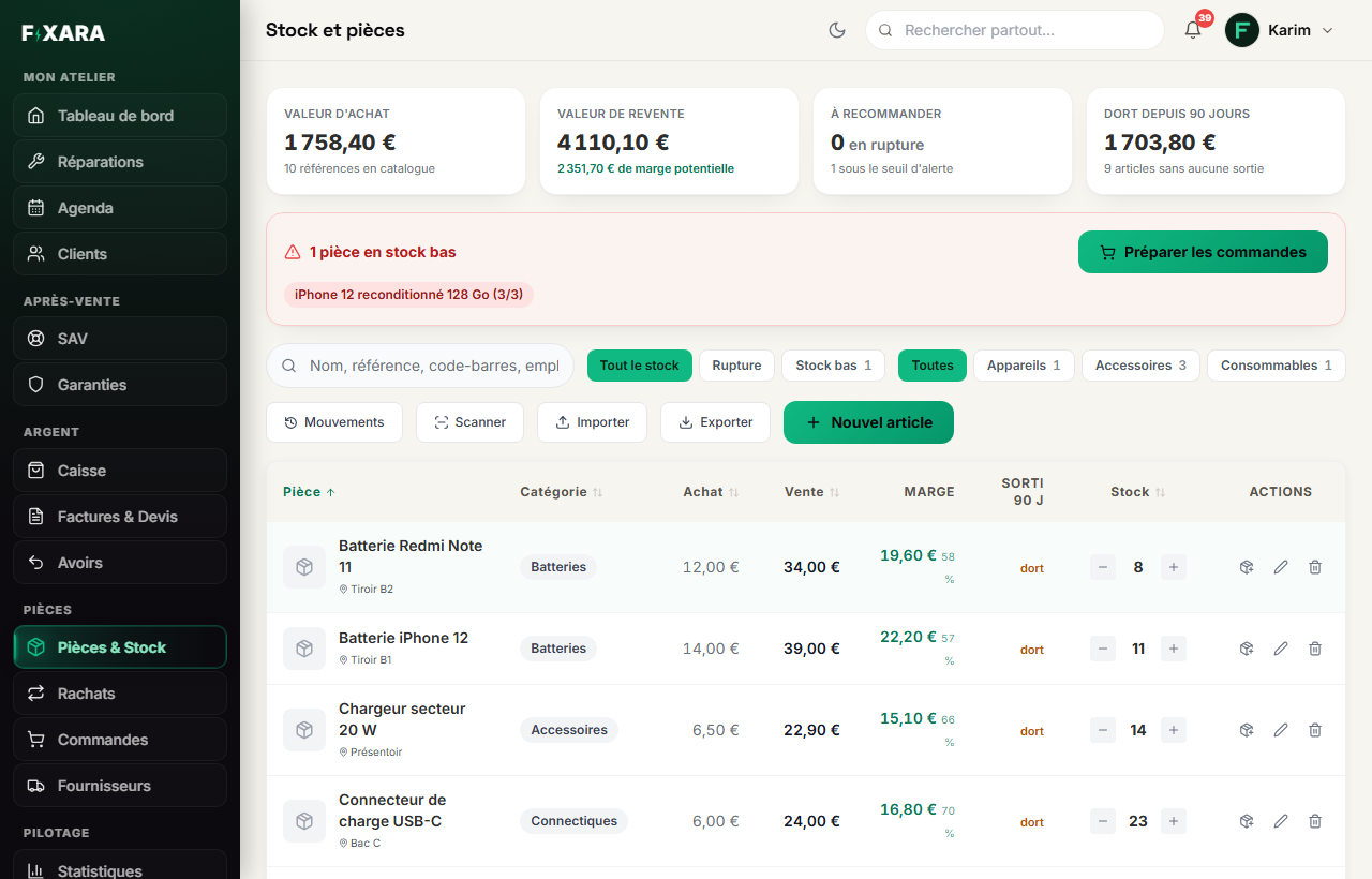 L’écran Pièces & Stock avec ses articles, ses quantités et ses alertes