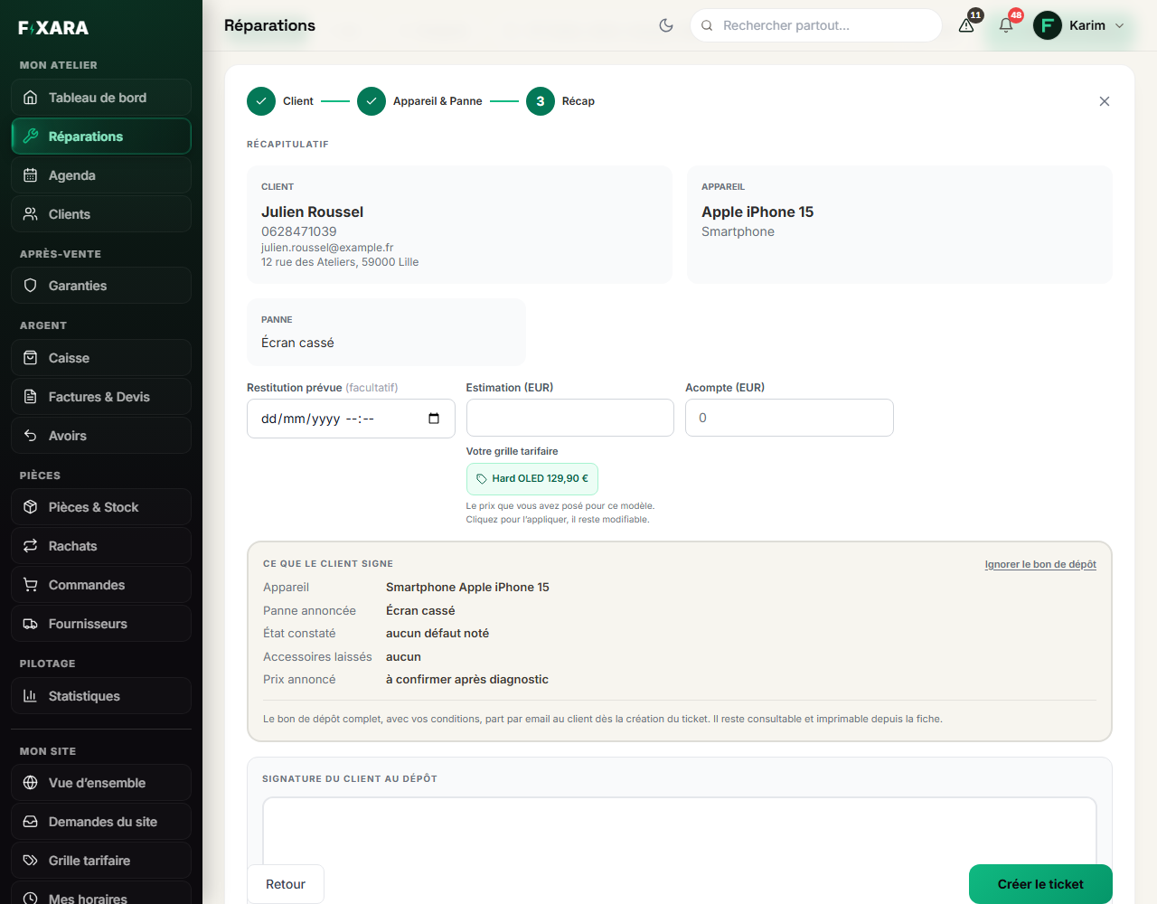 The check-in summary: estimate, suggested price-list price, what the customer signs, and the signature